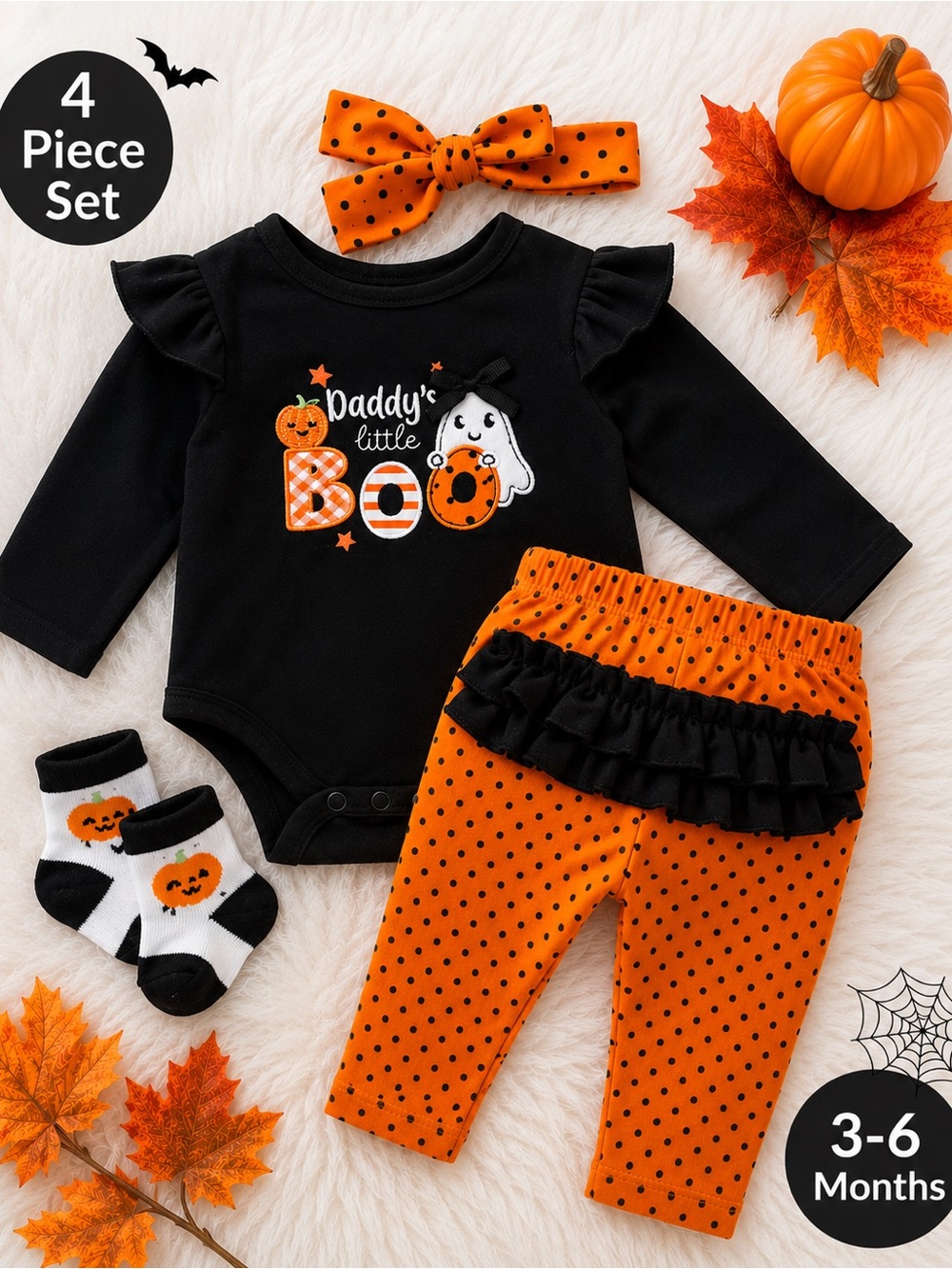 Essentials Orange and Black Baby Halloween 4-Piece Outfit
